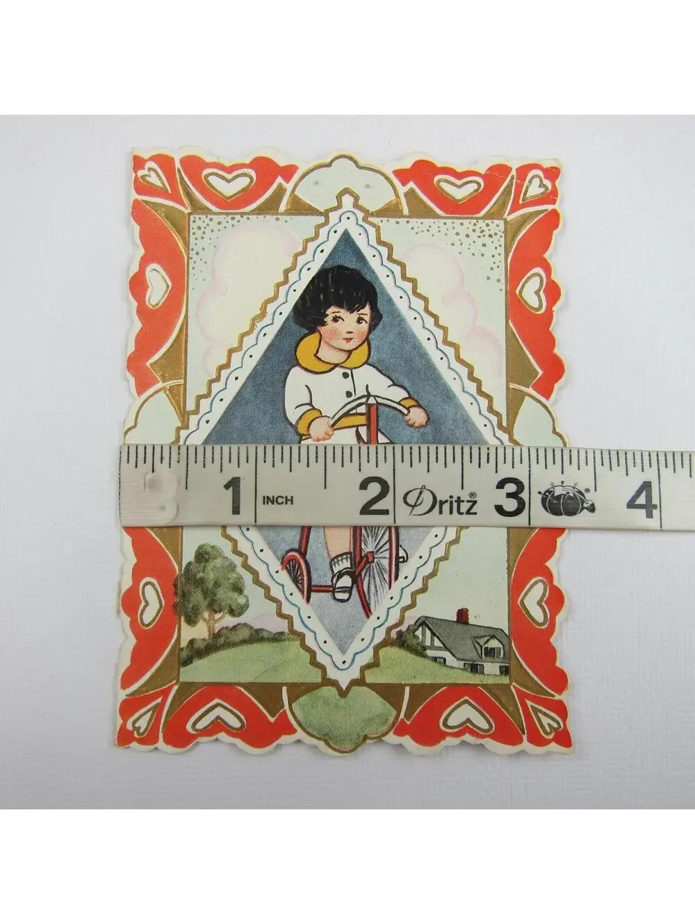 Vintage Valentine Card Die cut Bifold Boy Rides Red Tricycle Bike Heart Embossed